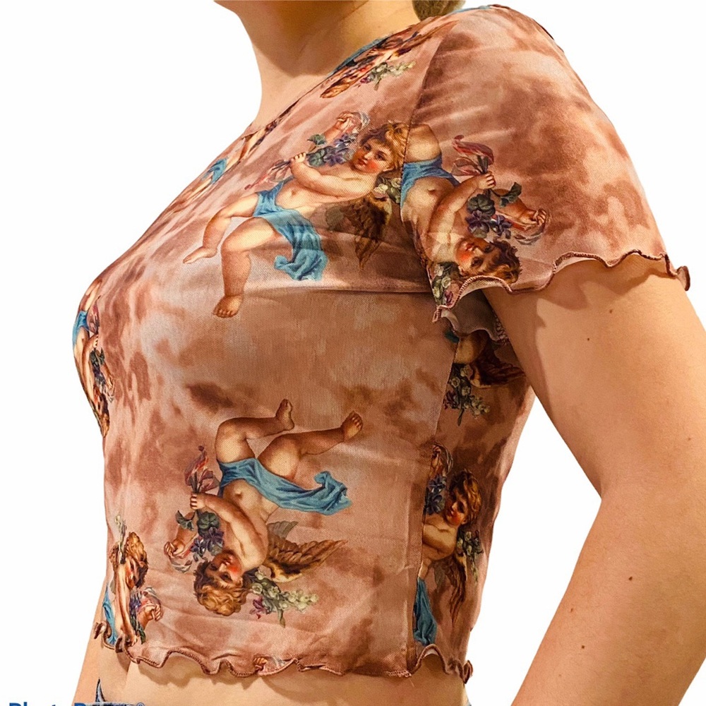 Angel Print Brown Tie Dye Mesh Top